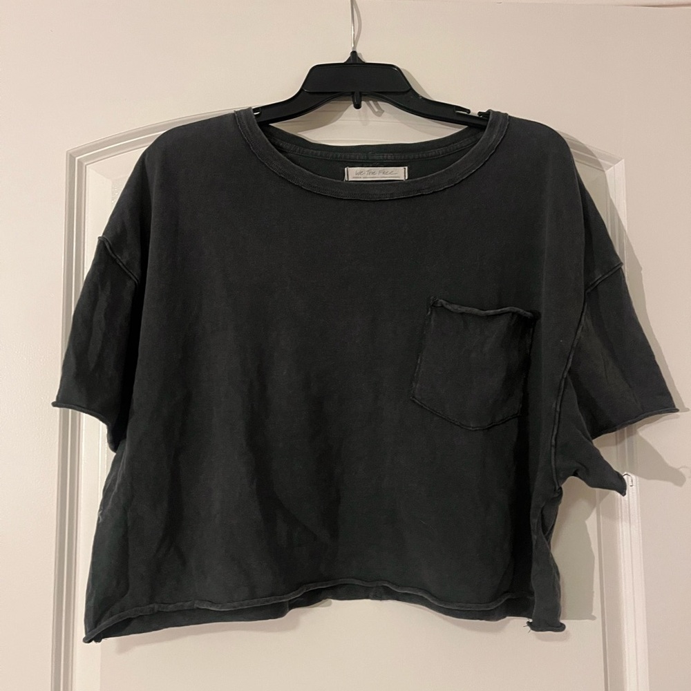Free People Dark Gray Cropped T-Shirt with Pocket